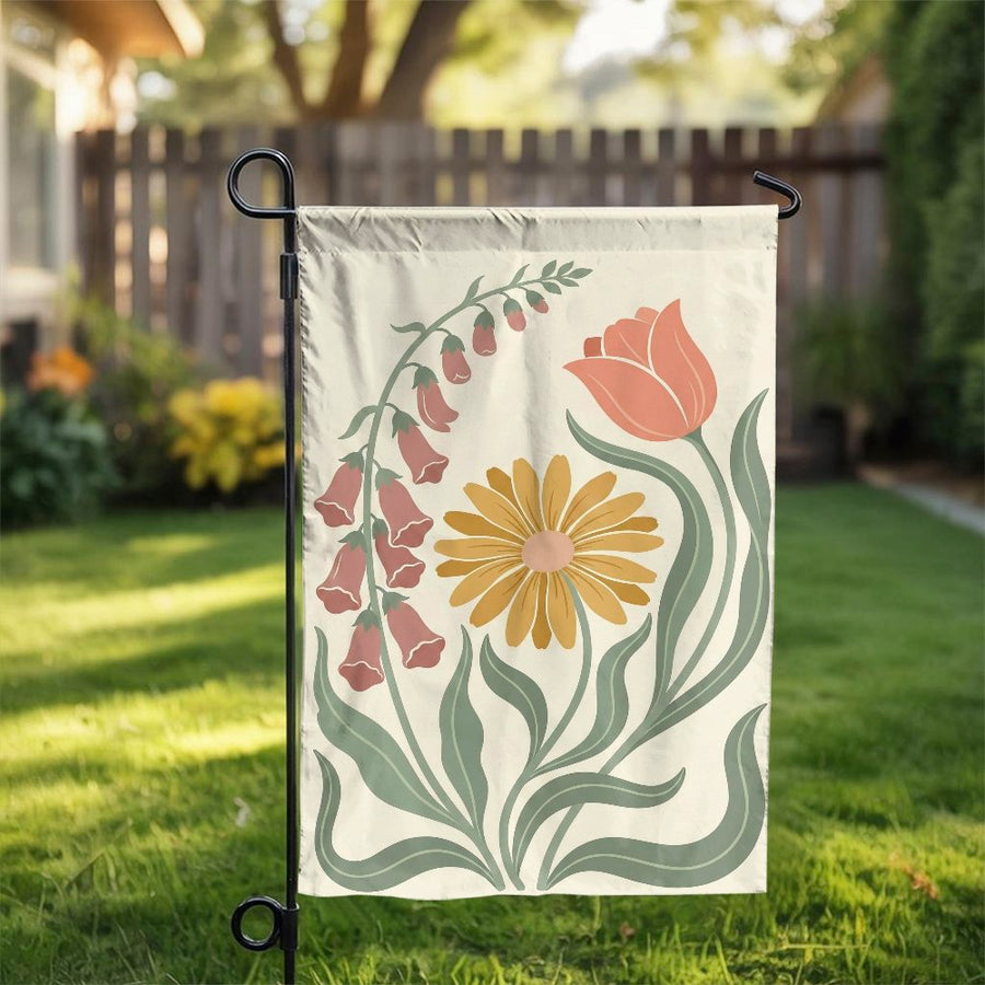 Floral Garden Flag | Vintage Botanical Tulip & Daisy Print | Premium Weather Resistant Fabric | Seasonal Outdoor Decor Gift