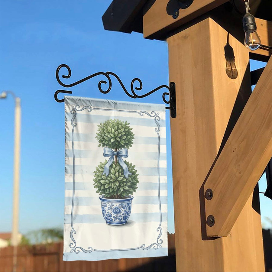 Topiary Garden Flag | Watercolor Boxwood in Chinoiserie Pot | Double-Sided Weather Resistant Fabric | Welcome Home Decor Gift
