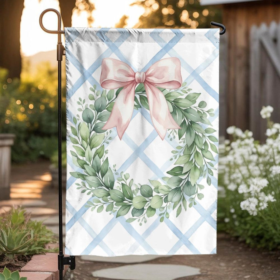 Spring Wreath Garden Flag | Watercolor Eucalyptus & Pink Bow Design | Double Sided Weather Resistant Fabric | Welcome Porch Decor Gift