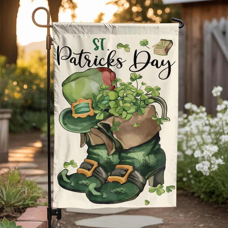 St Patricks Day Garden Flag | Leprechaun Boots & Shamrocks Design | Weather-Resistant Polyester | Seasonal Outdoor Yard Decor Gift