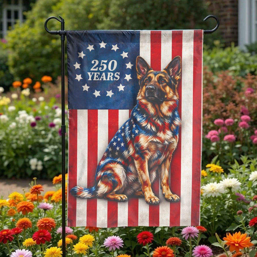 Patriotic German Shepherd Garden Flag | Vintage USA Flag 250th Anniversary Design | Double-Sided Polyester | Gift for Dog Lover, Yard Decor