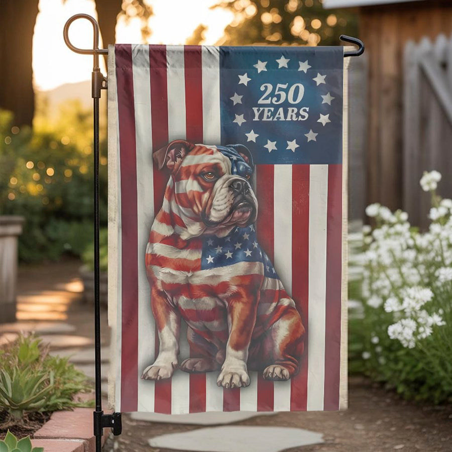 American Flag Bulldog Garden Flag | 250th Anniversary Design | Double Sided Premium Polyester | Patriotic Yard Decor Gift for Dog Lovers