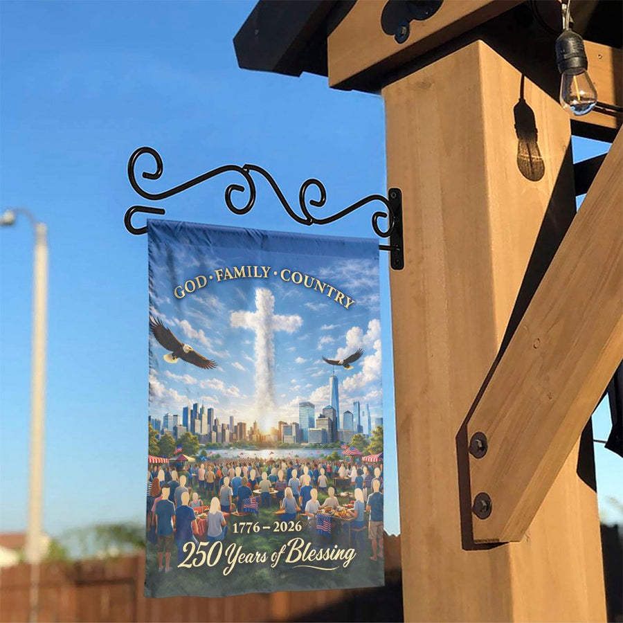 God Family Country Garden Flag | USA 250th Anniversary 1776-2026 Design | Double Sided Polyester | Patriotic Christian Yard Decor Gift