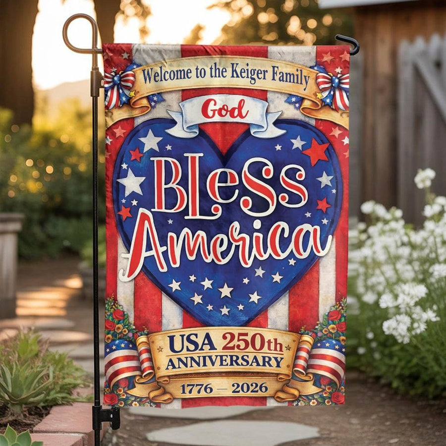 USA 250th Anniversary Garden Flag | God Bless America Heart Design | Double Sided Weatherproof Yard Banner | Commemorative Patriotic Home Decor Gift