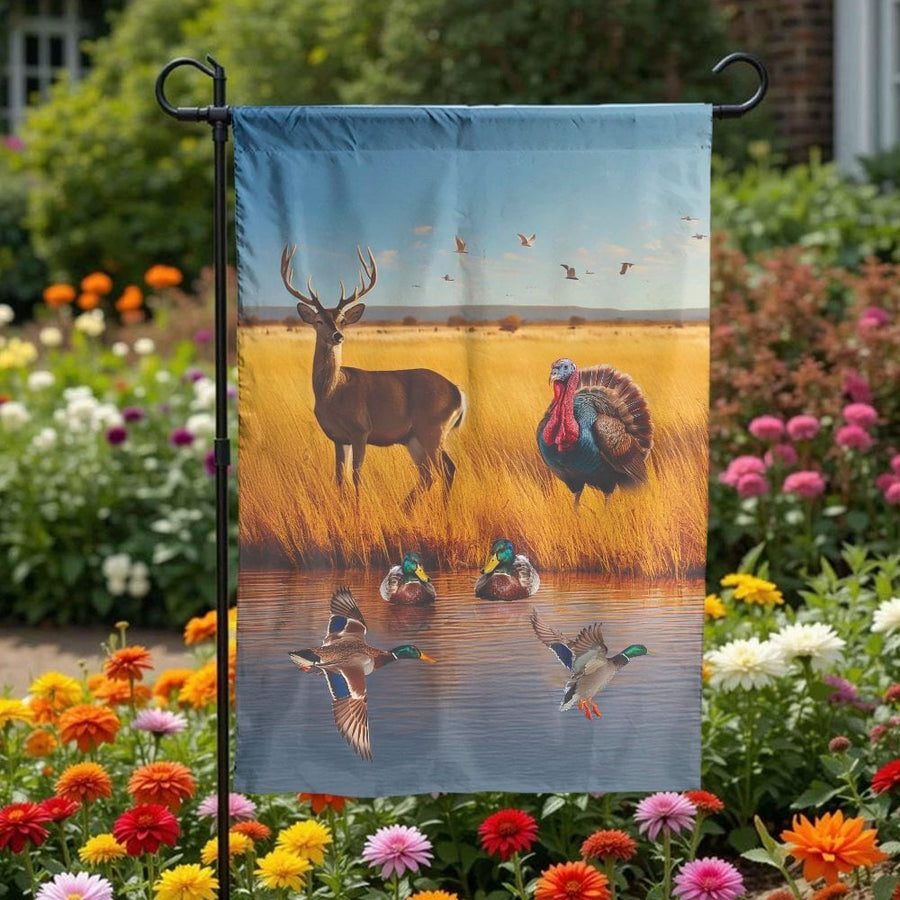 Wildlife Hunting Scene Garden Flag | Rustic Deer, Duck & Turkey Landscape | Double Sided Weatherproof Fabric | Outdoor Yard Decor Gift for Hunter