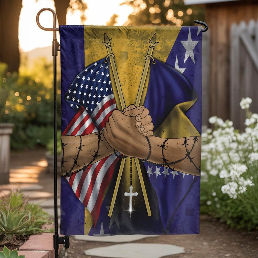 Bosnian American Unity Garden Flag | Handshake & Cross Heritage Art | Weather-Resistant Polyester | Premium Outdoor Decor Gift for Bosnian-Americans