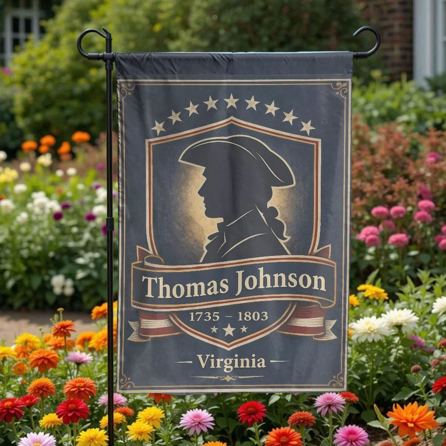 Thomas Johnson Garden Flag | Virginia Founding Father Silhouette | Double Sided Premium Fabric | Collector's Patriotic Yard & Home Decor