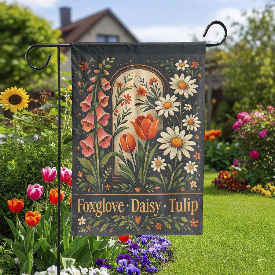 Vintage Floral Garden Flag | Foxglove Daisy Tulip Botanical Print | Double-Sided Weatherproof Banner | Outdoor Decor Gift for Gardeners