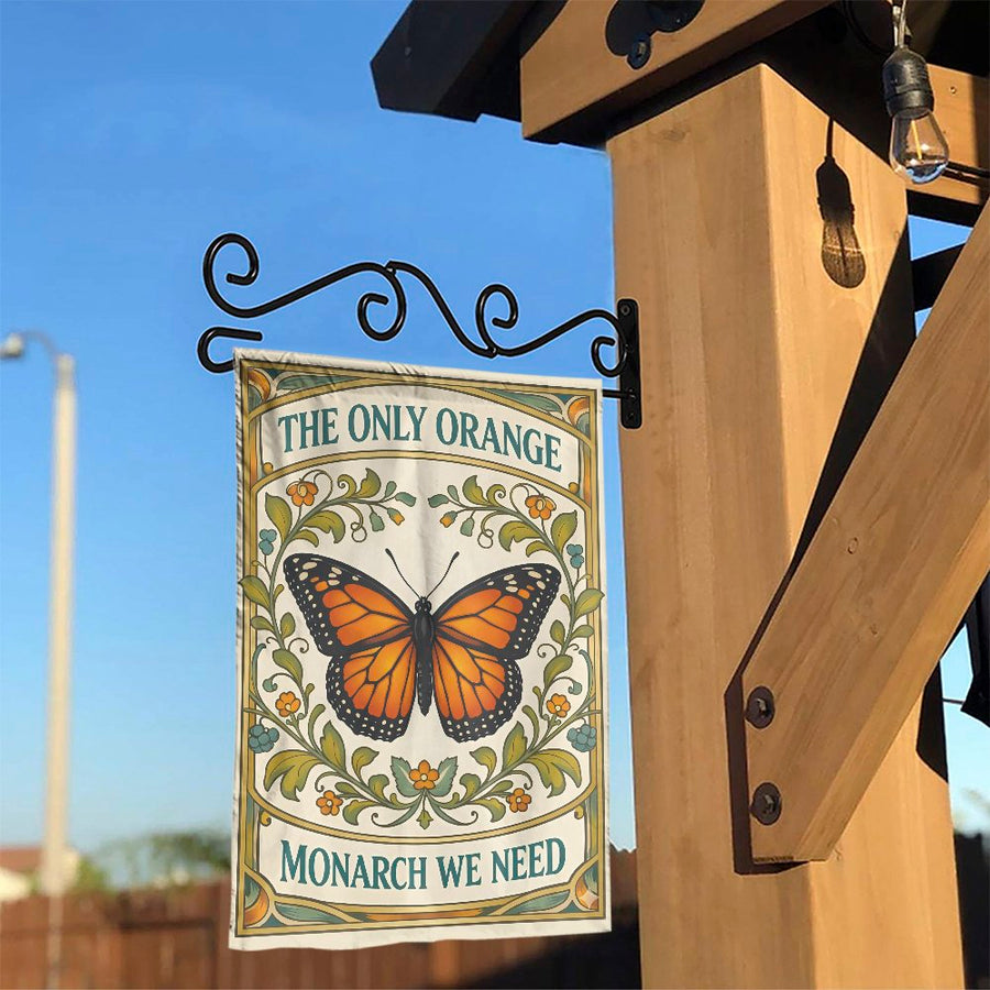 Political Monarch Butterfly Garden Flag | Vintage Art Nouveau 'The Only Orange Monarch' | Double Sided Weather Resistant Fabric | Liberal Yard Decor Gift