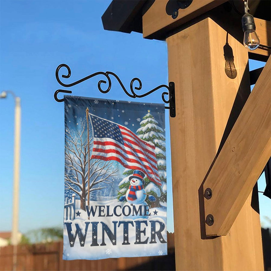 Patriotic Winter Garden Flag | Welcome Snowman with American Flag | Double Sided Weatherproof Fabric | Seasonal Outdoor Yard Decor Gift