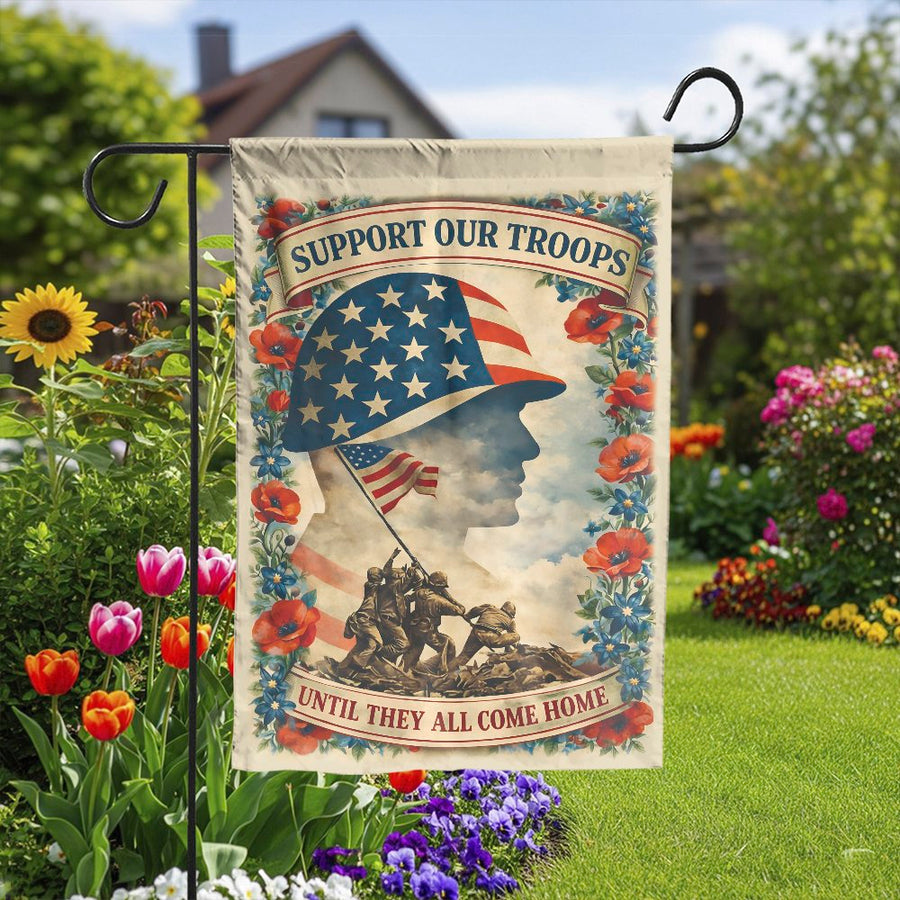 Support Our Troops Garden Flag | Vintage Soldier Silhouette & Poppy Art | Double Sided Weather Resistant | Patriotic Yard Decor Gift for Veterans