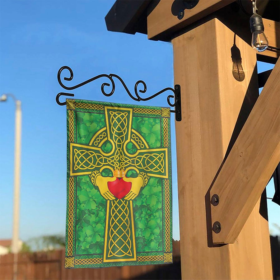 Celtic Cross Garden Flag | Irish Claddagh Symbol & Shamrocks | Weather-Resistant Double Sided Fabric | St. Patrick's Day Holiday Decor