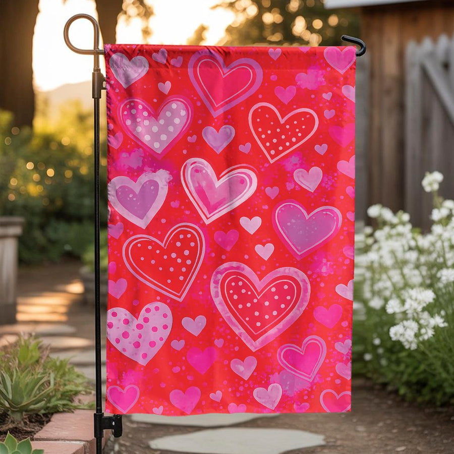 Valentine's Heart Garden Flag | Double Sided Pink Love Hearts Print | Premium Weather-Resistant Fabric | Seasonal Yard & Outdoor Decor Gift