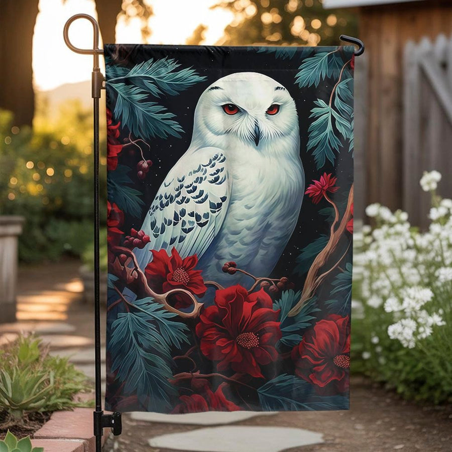 Majestic Snowy Owl Garden Flag | Winter Bird with Red Flowers | Double Sided Weather Resistant Fabric | Premium Yard Decor for Nature Lovers
