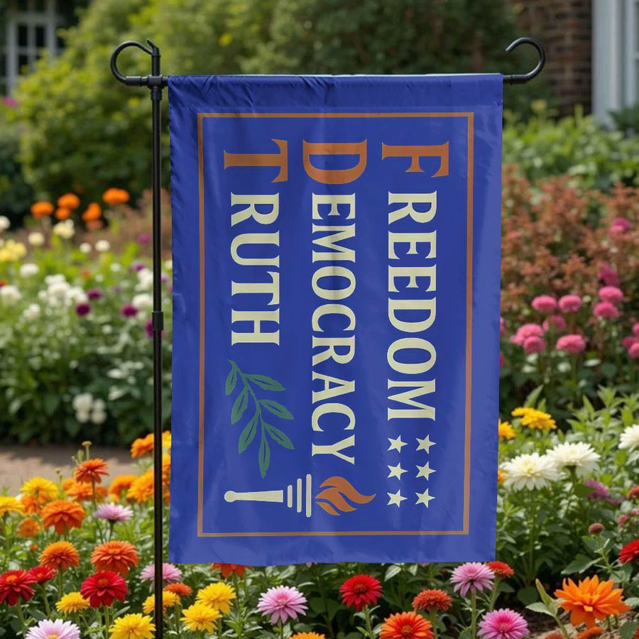 Freedom Democracy Truth Garden Flag | Retro Patriotic Vertical Design | Weather Resistant Double Sided Polyester | Outdoor Lawn & Yard Decor Gift