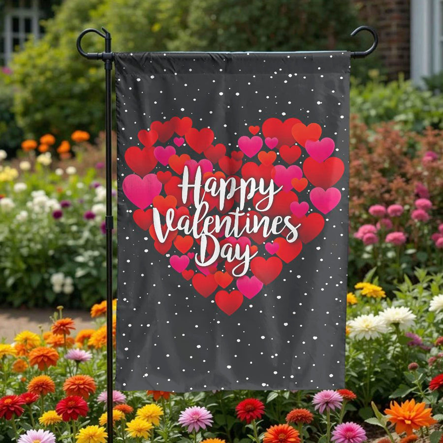 Happy Valentines Day Garden Flag | Romantic Red Heart Mosaic Print | Double Sided Polyester | Seasonal Outdoor Yard Decor for Home