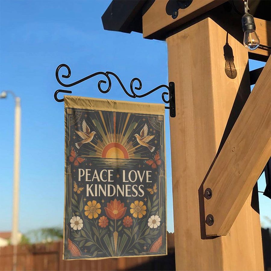 Peace Love Kindness Garden Flag | Retro Art Deco Double Sided Print | Premium Weather-Resistant Polyester | Outdoor Yard & Patio Decor Gift