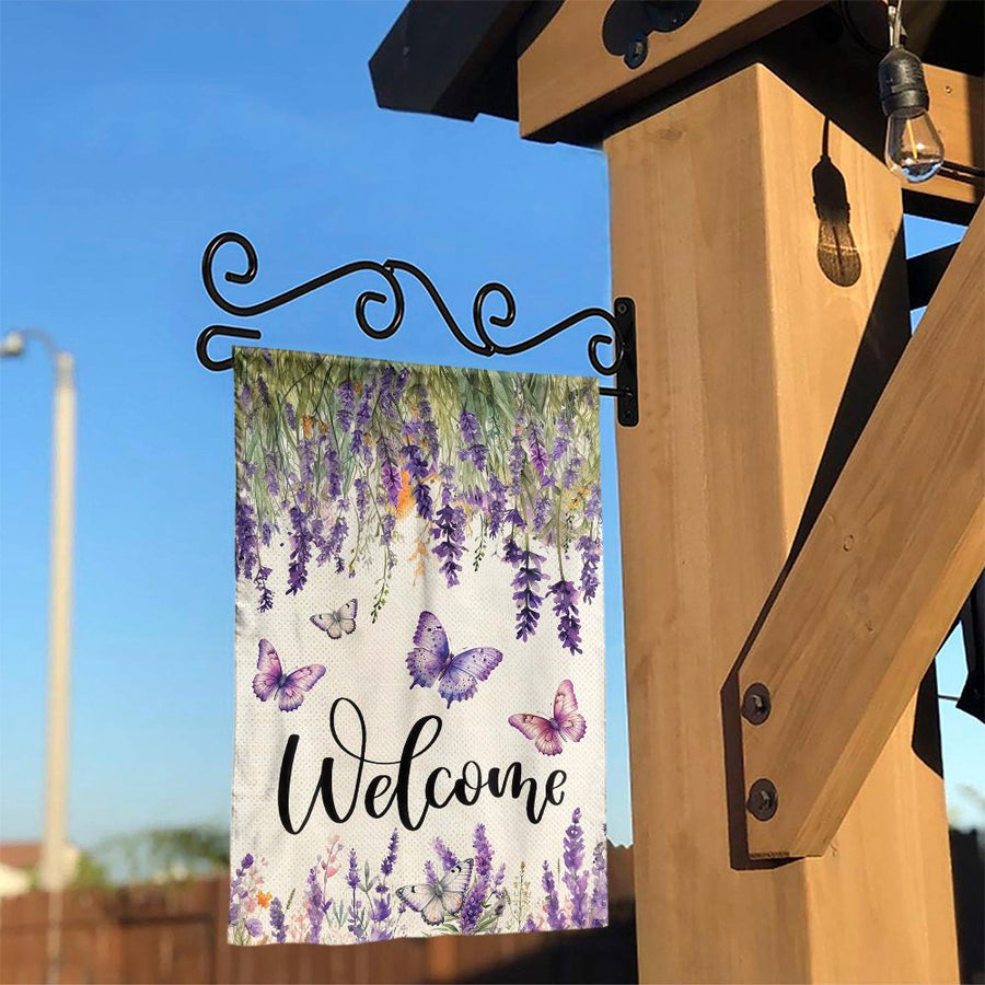 Lavender Butterfly Welcome Garden Flag | Watercolor Floral Design | Weather Resistant Double Sided Polyester | Spring Porch & Patio Decor Gift