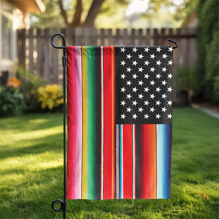 Mexican American Garden Flag | Serape Stripe & Stars Design | Weather-Resistant Polyester | Outdoor Yard Decor Gift for Cultural Pride