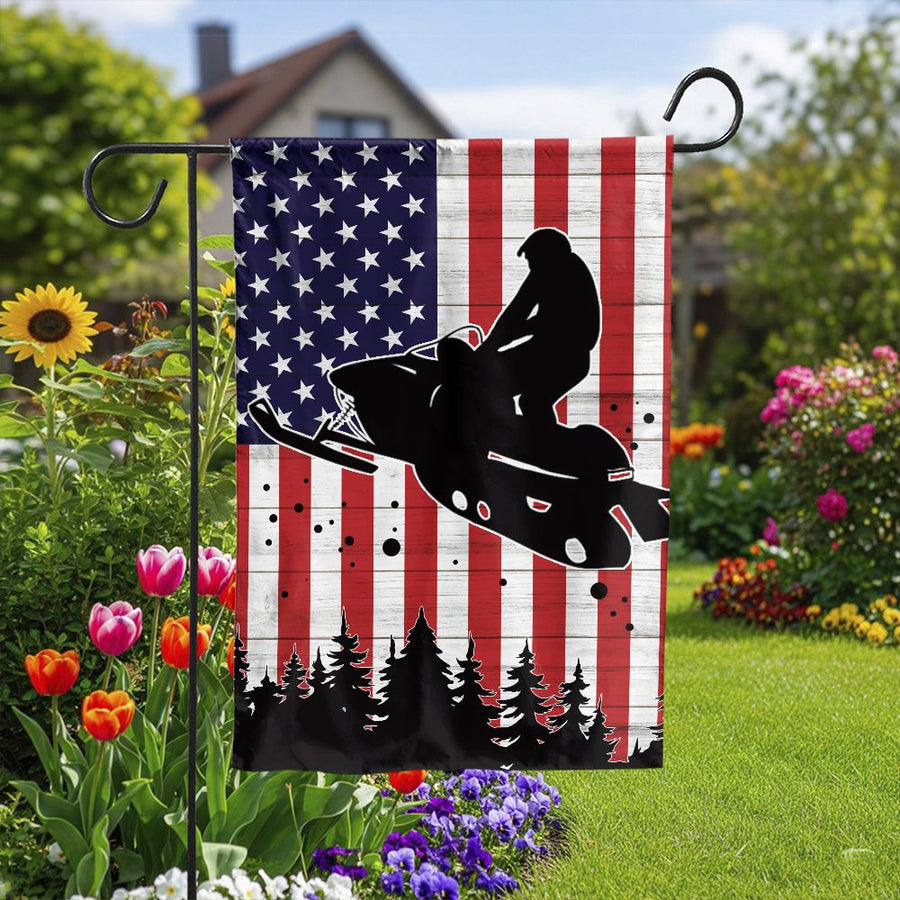 Snowmobile American Flag Garden Flag | Rustic USA Winter Sports Decor | Double-Sided Polyester Print | Outdoor Yard Gift for Snowmobilers