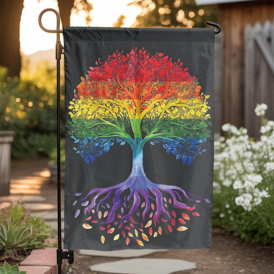 LGBTQ Pride Garden Flag | Rainbow Tree of Life Artwork | Double-Sided Premium Polyester | Gay Pride Ally Gift & Outdoor Yard Decor