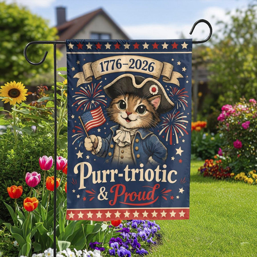 Patriotic Cat Garden Flag | USA 250th Anniversary Purr-triotic Design | Weather Resistant Yard Banner | Funny 4th of July Gift for Cat Lovers