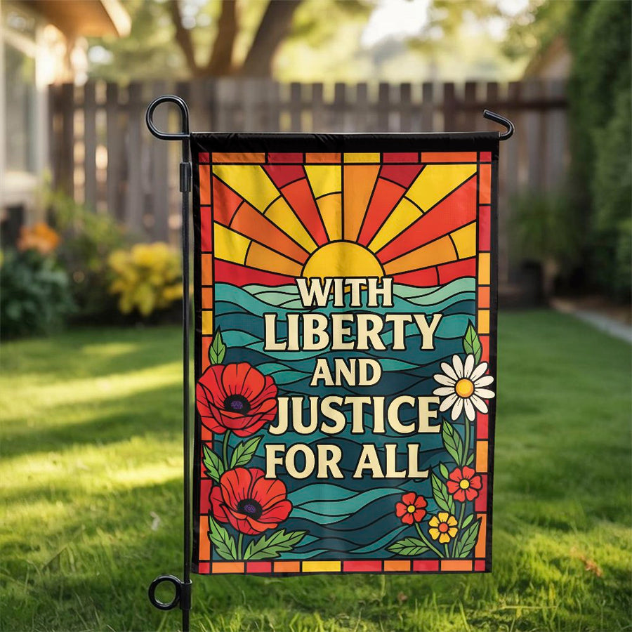 Liberty and Justice Garden Flag | Stained Glass Floral Design | Double-Sided Weatherproof Fabric | Patriotic Outdoor Home Decor Gift