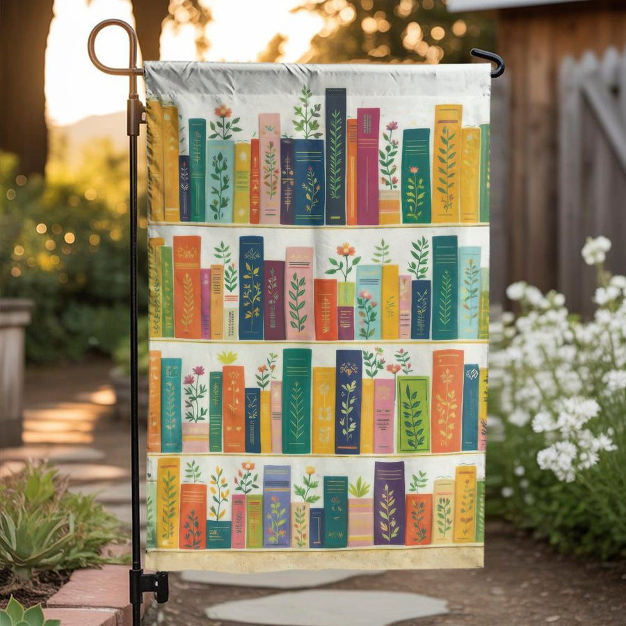 Floral Bookshelf Garden Flag | Double-Sided Botanical Bookshelf Art | Weather-Resistant Polyester | Gift for Book Lovers & Gardeners