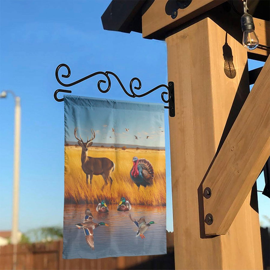 Wildlife Hunting Scene Garden Flag | Rustic Deer, Duck & Turkey Landscape | Double Sided Weatherproof Fabric | Outdoor Yard Decor Gift for Hunter