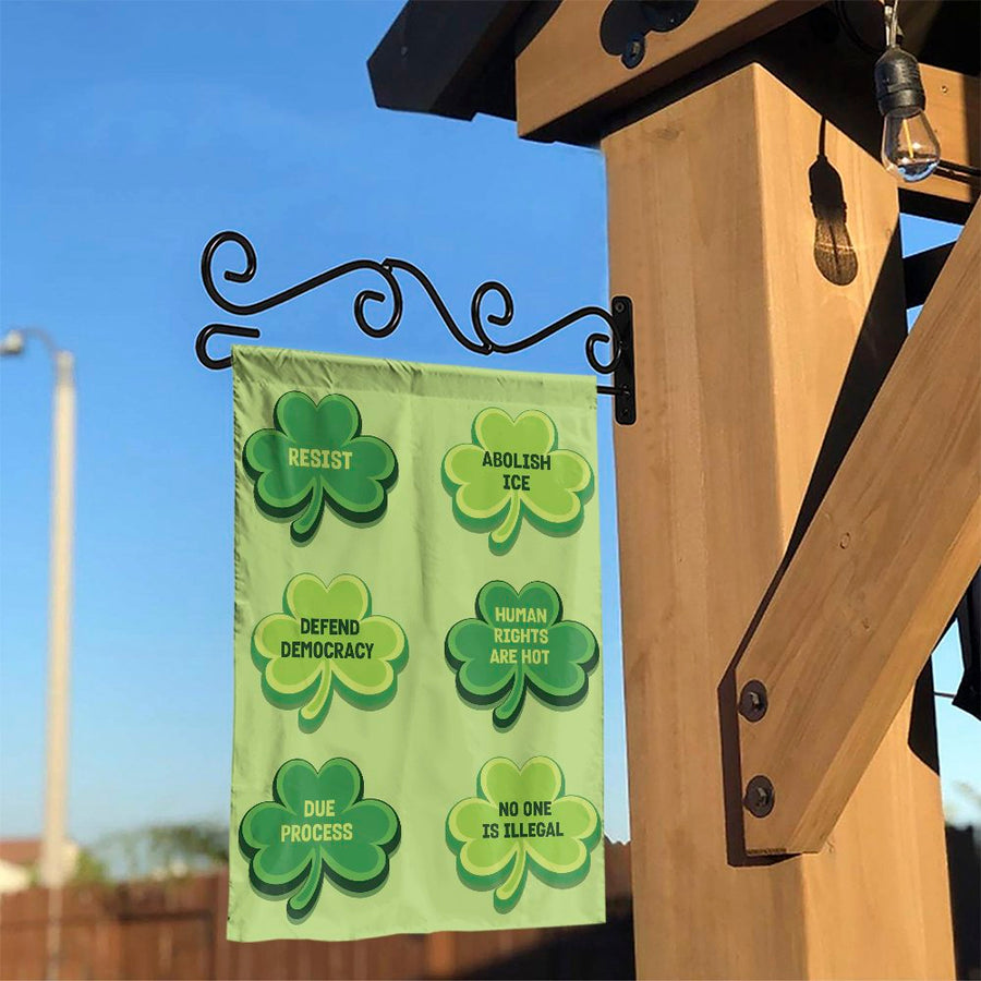 Progressive Shamrock Garden Flag | Human Rights & Democracy Messages | Weather-Resistant Polyester | Outdoor Decor Gift for Activists