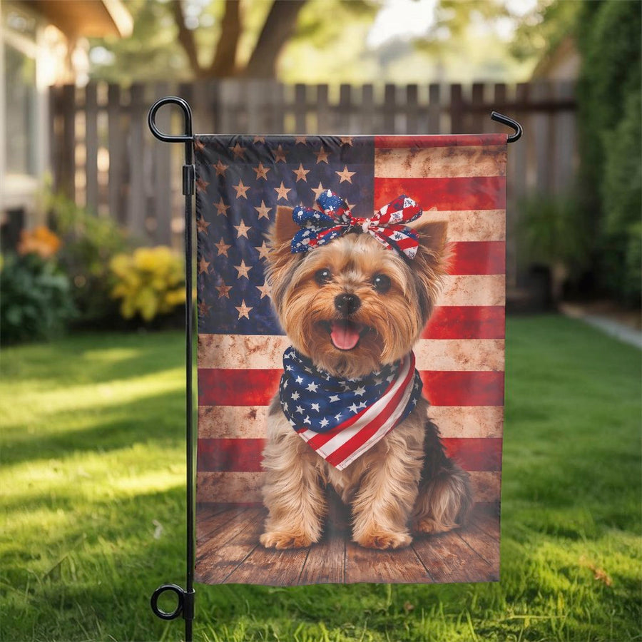 Patriotic Yorkie Garden Flag | Yorkshire Terrier with USA Flag Bandana | Double Sided Weatherproof Decor | Gift for Dog Lovers & Veterans