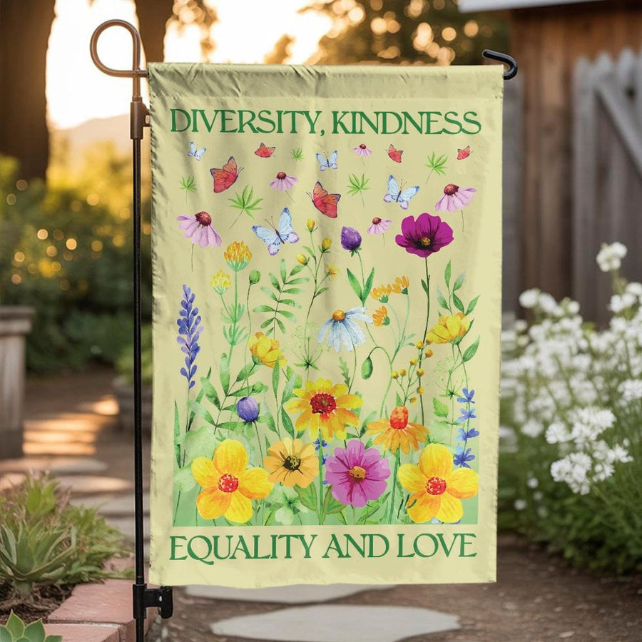 Diversity Kindness Garden Flag | Watercolor Wildflower Meadow Print | Double Sided Weather Resistant Fabric | Inspirational Yard Decor Gift