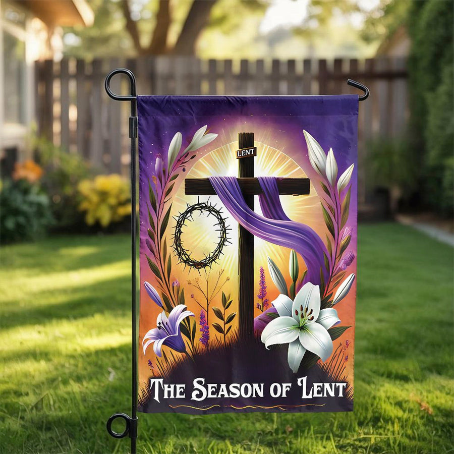 Season of Lent Garden Flag | Christian Cross and Crown of Thorns | Weather-Resistant Double Sided Fabric | Religious Easter Yard Decor Gift
