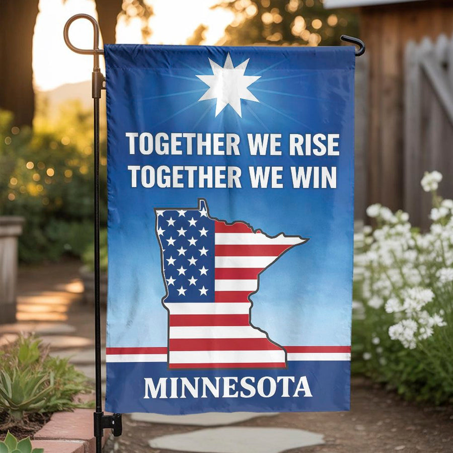 Minnesota Garden Flag | American Flag State Outline with Together We Rise Slogan | Double Sided Polyester | Patriotic Yard Decor Gift for Minnesotans