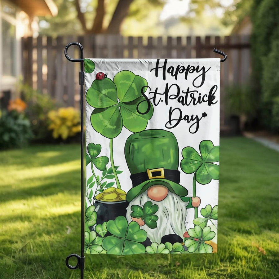 Happy St Patricks Day Garden Flag | Cute Gnome with Shamrocks & Pot of Gold | Double Sided Polyester | Seasonal Outdoor Yard Decor