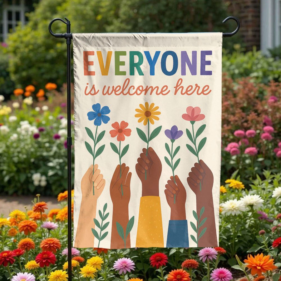 Everyone is Welcome Garden Flag | Rainbow Diversity and Inclusion Design | Double-Sided Weather-Resistant Fabric | Inclusive Yard Decor Gift