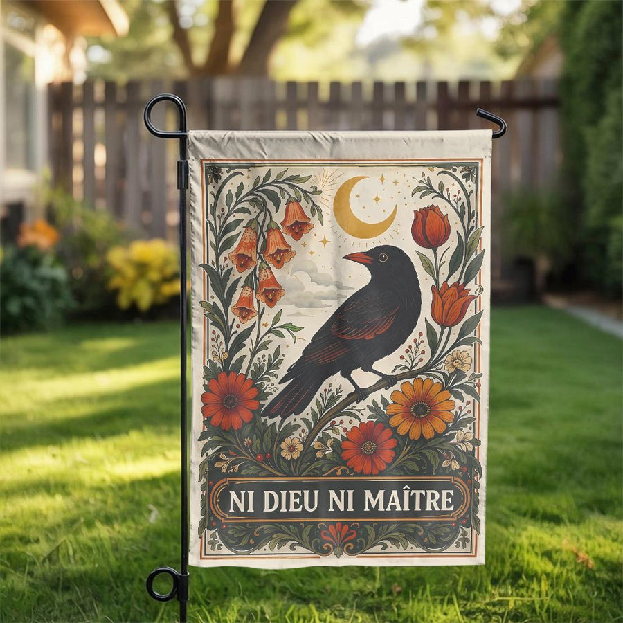 Anarchist Garden Flag | Vintage Crow with 'Ni Dieu Ni Maître' Slogan | Double Sided Polyester | Folk Art Botanical Outdoor Decor Gift