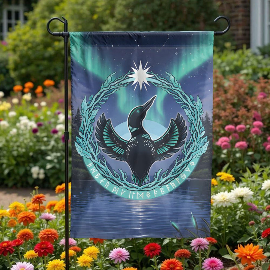 Minnesota Loon Garden Flag | Nordic Rune Art & Aurora Borealis | Double Sided Weather-Resistant Polyester | Minnesota Homeowner Yard Decor Gift