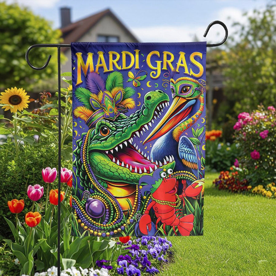 Mardi Gras Garden Flag | Alligator, Pelican & Crawfish Design | Double Sided Polyester | New Orleans Seasonal Yard Decor