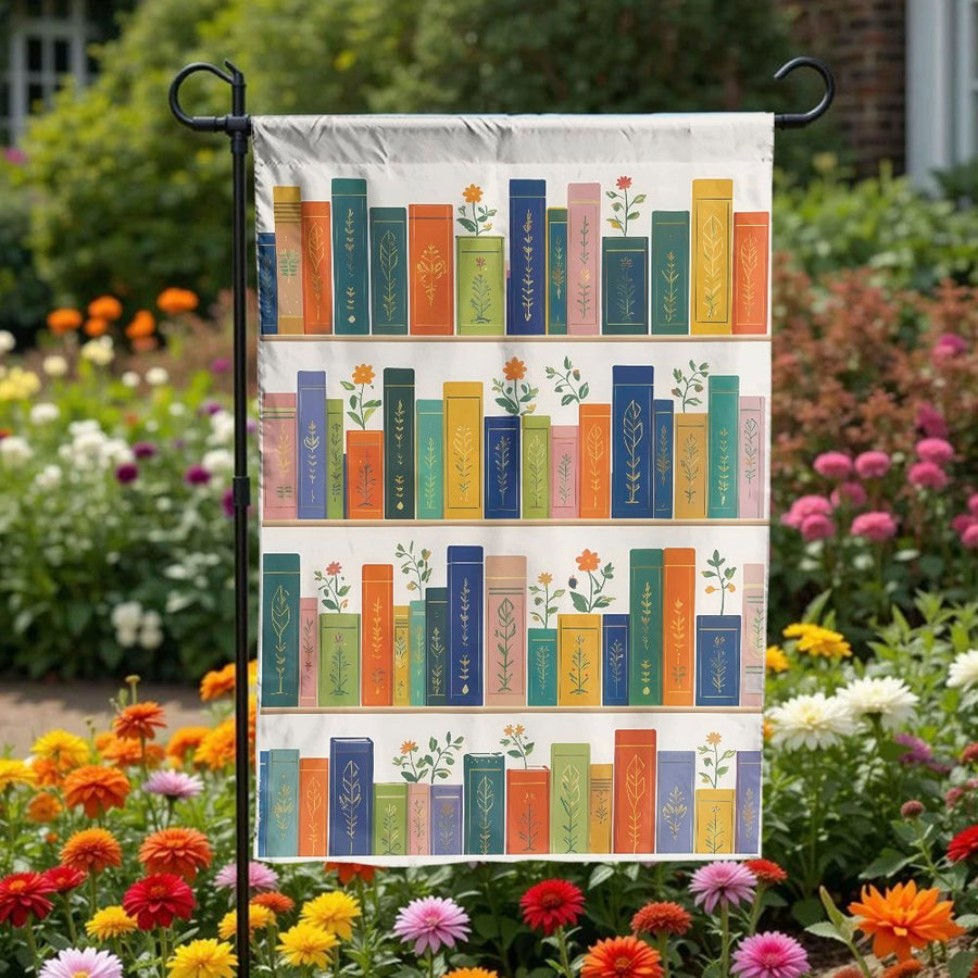 Bookshelf Garden Flag | Floral Book Spine Art Print | Double Sided Weather-Resistant Decor | Gift for Book Lovers & Librarians