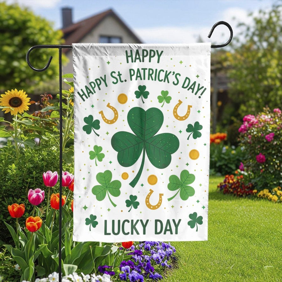 St Patrick's Day Garden Flag | Lucky Shamrock & Horseshoe Print | Double Sided Weatherproof Banner | Premium Irish Holiday Home Decor
