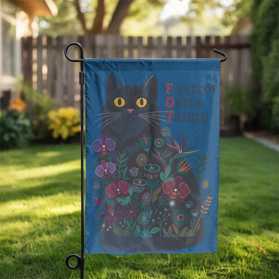 Black Cat Garden Flag | Botanical Floral Illustration with Foxtrot Delta Tango | Weather Resistant & Double Sided | Unique Outdoor Decor Gift for Cat Lover