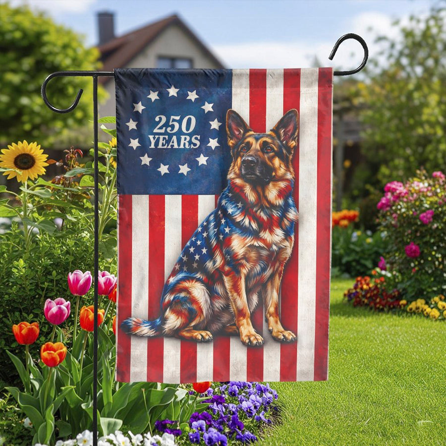 Patriotic German Shepherd Garden Flag | Vintage USA Flag 250th Anniversary Design | Double-Sided Polyester | Gift for Dog Lover, Yard Decor