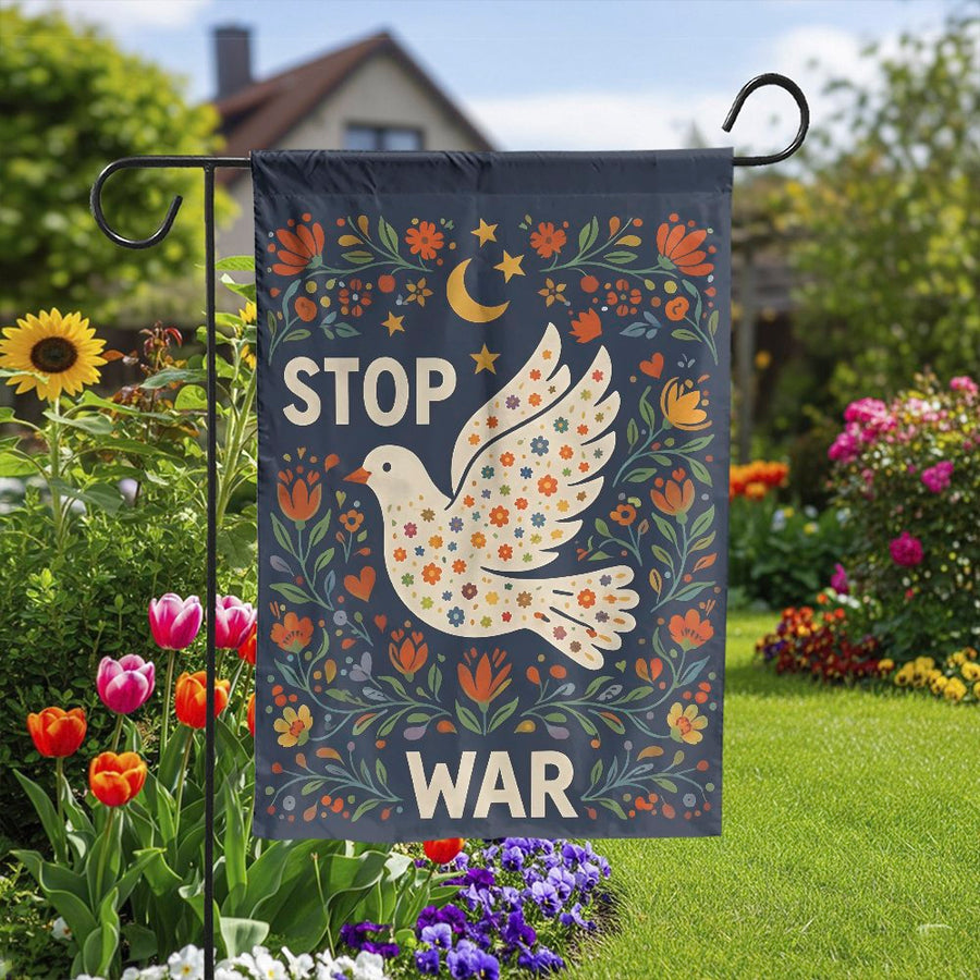 Stop War Peace Dove Garden Flag | Folk Art Floral Design | Double Sided Weather Resistant Polyester | Outdoor Peace Statement Decor