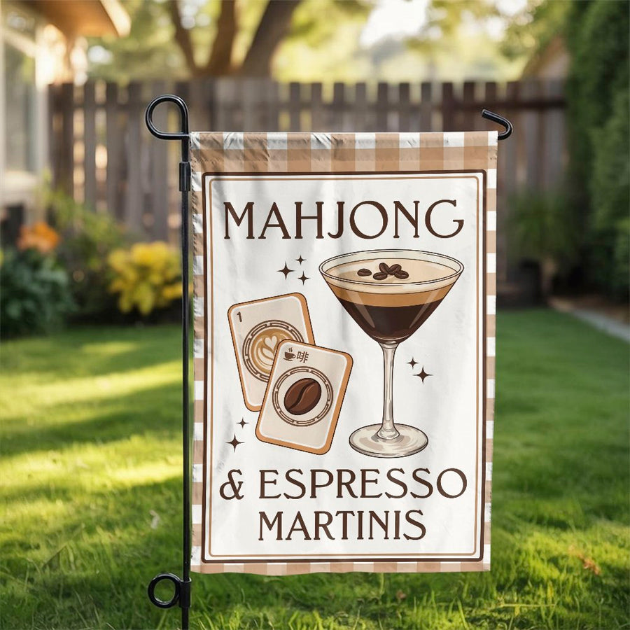 Mahjong & Espresso Martini Garden Flag | Funny Game Night Yard Art | Double Sided Weather Resistant Fabric | Unique Housewarming Gift for Cocktail Lovers
