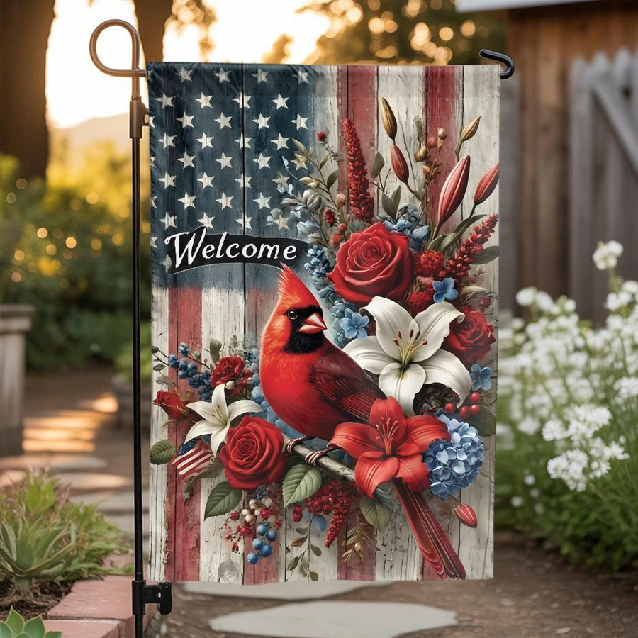 Patriotic Cardinal Welcome Flag | Rustic American Flag with Red Bird | Premium Weather-Resistant Polyester | Seasonal Gift for Gardeners & Homeowners