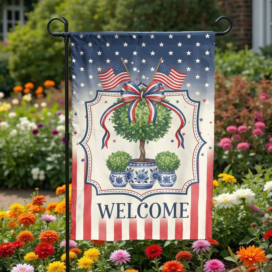 Patriotic Welcome Garden Flag | Stars and Stripes Topiary Design | Double Sided Weather Resistant | 4th of July Memorial Day Outdoor Decor