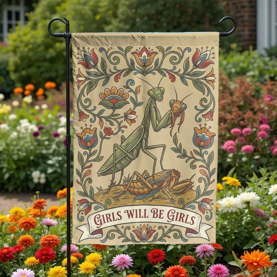 Praying Mantis Garden Flag | Funny "Girls Will Be Girls" Quote | Vintage Floral Insect Art | Double Sided Yard Decor Gift for Her