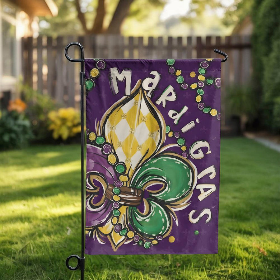 Mardi Gras Garden Flag | Festive Fleur De Lis Design | Double Sided Weather Resistant Polyester | Outdoor Decoration for Fat Tuesday Party
