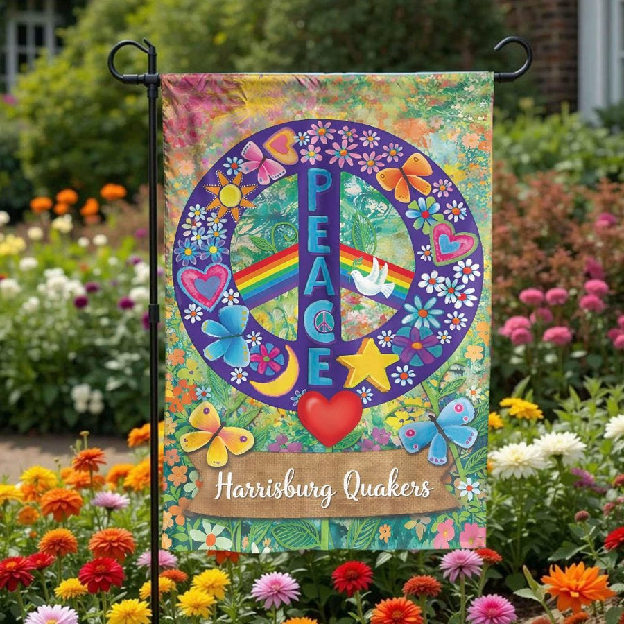 Peace Sign Garden Flag | Harrisburg Quakers Floral Design | Weather Resistant Double Sided | Outdoor Yard Decor Gift for Quaker Community